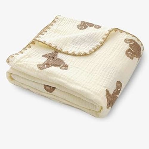 Double Layered 100% Cotton Muslin Baby Blanket Ultra-Soft 40x40 Inch Swaddling Nursery Crib Blanket(Brown Bear)
