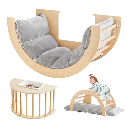 Beright 3 in 1 Climbing Arch Sensory Table with Cushion for Kids, Montessori Wooden Climbing Toys, Kids Sensory Table with a Storage Bin, Rocker Board, Indoor Gym Learning Playset