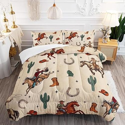 Western Cowboy Horse Comforter Set 3Pcs Twin Wrangler Hat Cactus Bedding Set for Teen Girl Boy Adult Horseshoe Riding Boots Bed Decor Brown Vintage Quilt with 1 Comforter and 2 Pillowcases
