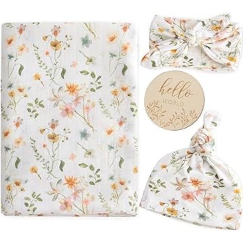 LifeTree Newborn Swaddle Set with Matching Hat and Bow Set, Wooden Birth Announcement Card, Floral Baby Girl Newborn Receiving Blankets Baby Swaddle Nursery Wildflower Baby Blanket