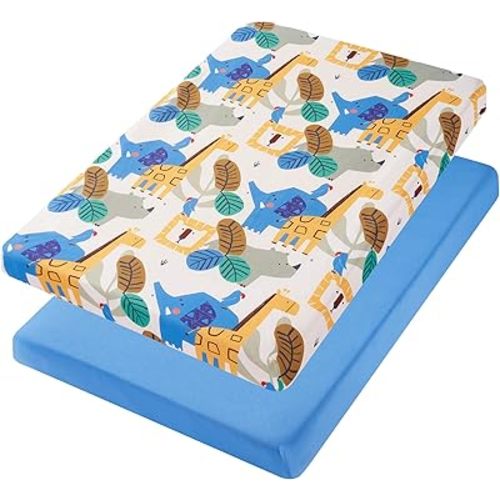 TILLYOU Mini Crib Sheets Fitted 2 Pack, Pack and Play Sheets for Toddler Mattress, Soft and Breathable 38”x 24” Pack n Play Mattresses Cover, Animal Geometry & Blue