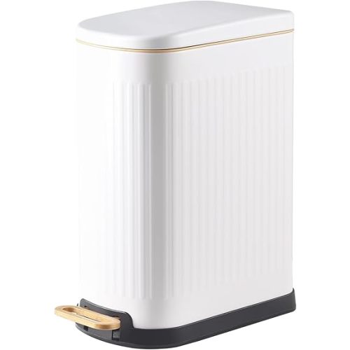 Slim Bathroom Trash Can with Soft Close Lid Stainless Steel Garbage Can Step Trash Bin with Removable Inner Bucket for Bedroom, Office, Kitchen (Matt White, 3.5 Gallons)