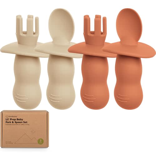 KeaBabies 4-Pack Silicone Baby Spoons and Forks Set - Baby Led Weaning Utensils 6-12 Months, Self Feeding Toddler Spoon & Fork for Training, Teething, Easy to Hold, BPA-Free Silicone (Terracotta)