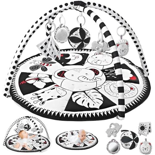 Black and White Tummy Time Mat, Play Mat for Babies 0-6 Months High Contrast Baby Play Activity Gym Baby Tummy Time Play Mat with 5 Toys for Early Sensory Exploration Newborn Infant Baby Playmat