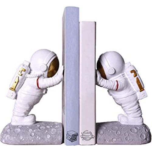Astronaut Bookends - Book Ends to Hold Books - Space Decor Bookends for Kids Rooms - Cool Bookends for Heavy Books - Unique Book Holders with Anti-Slip Base (Gold)