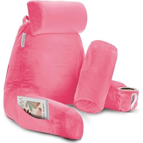 Clara Clark Reading Pillow, Large Back Pillow for Sitting Up in Bed, Memory Foam Back Support Pillow, Reading Pillows for Sitting in Bed Adult, Light Pink Sit Up Pillow for Bed with Arms and Pockets