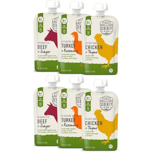 Serenity Kids 6+ Months Baby Food Pouches Puree with Ethically Sourced Meat & Organic Veggies - 3.5 oz BPA-Free, Meat & Herbs Variety Pack - 6 Count