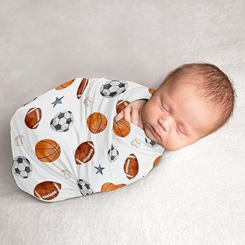 Sweet Jojo Designs Sports Theme Boy Baby Swaddle Blanket Infant Newborn Lightweight Jersey Stretchy Receiving Security Stroller Cover Watercolor Vintage Sport Themed Soccer Football Baseball Blue Star