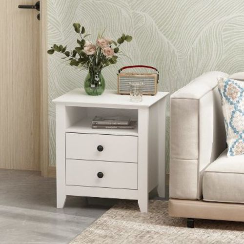 Famapy White Nightstand 2 Drawer 1 Open Shelf Modern Design