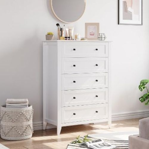 Garvee 5 Drawer Dresser, Farmhouse Tall Wood Chest of Drawers for Clothes, Big Storage Dressers Organizer, Living Room, Closet, Hallway