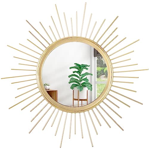 Large Gold Spoked Sunburst Wall Mirror Boho Home Decor Round Wall Art Mirror Modern Metal Mirrors for Wall Living Room Vanity Bathroom Bedroom Hallway Balcony Entryway 20"