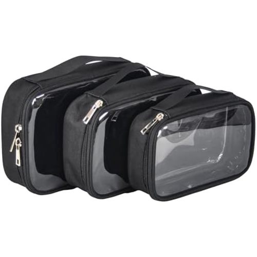 3pcs Pack TSA Approved Travel Pro Beauty Makeup Kits Cosmetic Organizers Case Clear Utility Pouch Combo Set Bag with Zipper & Handle (Black)