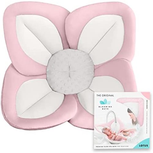 Blooming Bath Lotus Bath Seat - Plush Minky Baby Sink Bathtub - The Original Washer-Safe Flower Seat for Newborns - Pink/White/Gray