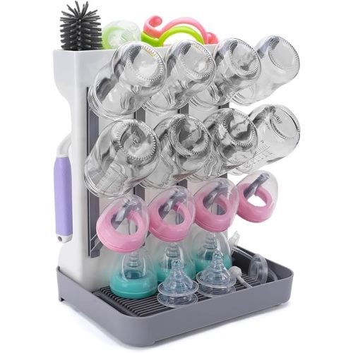 Baby Bottle Drying Rack, Space Saving Vertical Bottle Drying Holder with Brushes Holder - Large Bottle Storage Holder Organizer 12 Bottles & Baby Accessories,BPA-Free, Gray