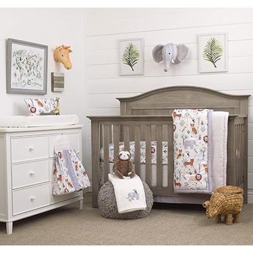 NOJO Growing Wild Grey, Orange, Green and White 8 Piece Jungle Safari Crib Bedding Set with Comforter, 2 Fitted Crib Sheets, Dust Ruffle, Diaper Stacker, Decorative Pillow, Baby Blanket