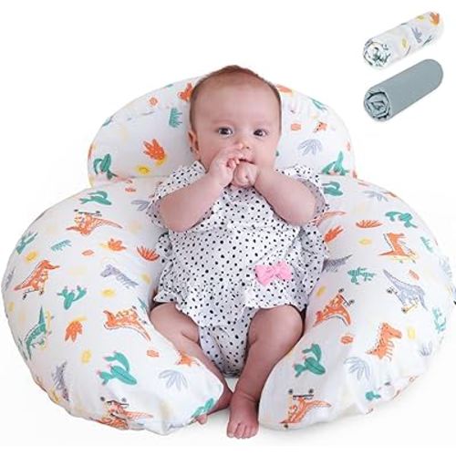 AMASKY Nursing Pillow for Breastfeeding with 2 Removable Cotton Covers,Plus Size Ergonomic Breastfeeding Pillows,More Support for Mom and Baby,Machine Washable,White & Blue