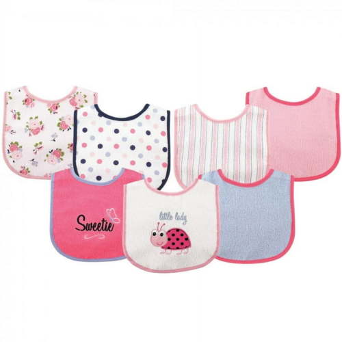 Luvable Friends Baby Girl Cotton Terry Drooler Bibs, PEVA Back 7pk, Ladybug, One Size, Cloth Pack for Infants
