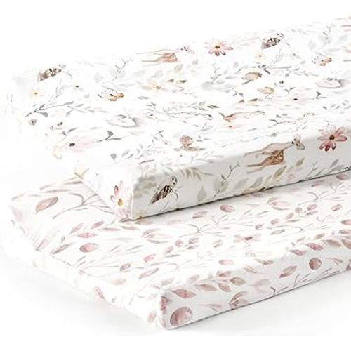 GRSSDER Stretch Ultra Soft Jersey Knit Changing Pad Cover Set 2 Pack, Change Table Pad Covers Fit 32"/34" x 16" Pads Safe and Snug, Beautiful Blush Pink Floral and Cute Animals Print for Girls