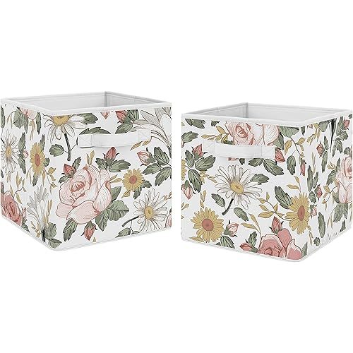 Sweet Jojo Designs Vintage Floral Boho Foldable Fabric Storage Cube Bins Boxes Organizer Toys Kids Baby Childrens - Set of 2 - Blush Pink, Yellow, Green and White Shabby Chic Rose Flower Farmhouse