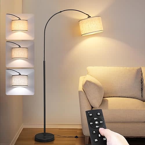 Arc Floor Lamp with Remote, Modern Standing Lamp for Living Room with Stepless Dimmable Bulb, Drum Shade, Foot Switch, Tall Floor Lamp for Farmhouse Bedroom Night Stand (Black)