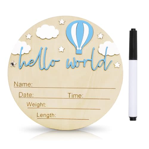 Baby Announcement Sign, 5.9 Inch Wooden Hello World Newborn Signs, Birth Announcement Sign and Pen, Hot Air Balloon and White Cloud Decoration, Welcome Newborn Arrival to World (Blue)