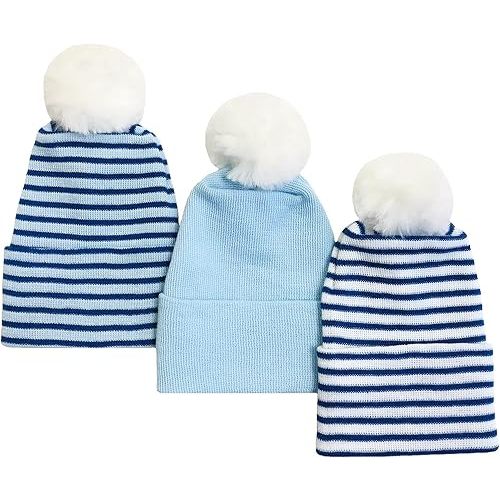 Nurses Choice Newborn Baby Boy & Girl 3 Piece Knit Hat Set with Pom Pom