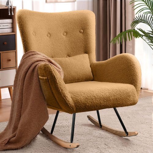 Kahmar Teddy Fabric Nursery Rocking Chair with Side Pocket, High Backrest Indoor Accent Chair