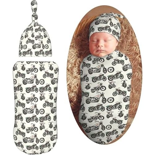 Painting Motorcycles Newborn Swaddle Blankets Hat Sets Soft Baby Receiving Blanket Swaddle Sack for Baby Shower Infant Boy Girl Gift