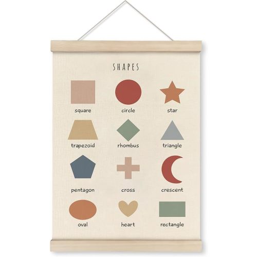 HRQKO Shapes Classroom Decor Poster Hanger Frame, Play Room Wall Decor, Boho Learning Wall Art With Wooden Frames, Educational Wall Hanging Banner for Kids Toddlers Room Homeschool,12x16 Inch
