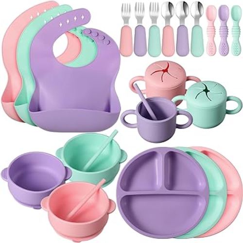 24 Pack Silicone Baby Feeding Set Baby Led Weaning Supplies Includes Suction Divided Plates Soft Bowl Spoons Forks Adjustable Bib Snack Cup and Straws for Baby Eating (Pink, Purple, Mint Green)