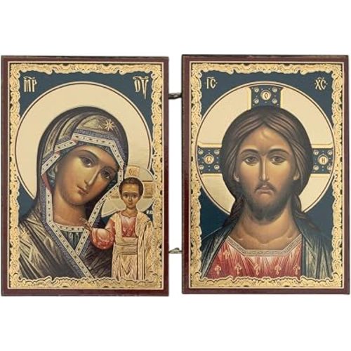 BlessedMart Orthodox Christian Pocket Diptych Icons – Folding Mini Byzantine Icons of Christ and Theotokos – 3.35" Tall Travel Icons (Theotokos of Kazan and Christ Pantocrator)