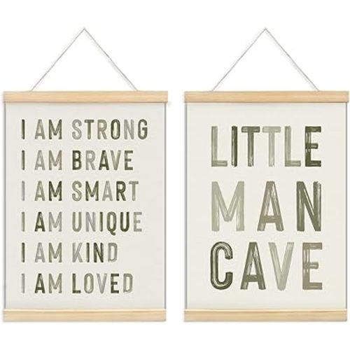 ULEGIE Boy Nursery Decor Posters Framed with Wood Hanger, Little Man Cave Sign for Boys Kids, Boys Room Decor, Toddler Room Decor, Positive Affirmations for Kids Decor, Art Prints for Nursery Playroom Bedroom, 2 Pack 12 x 16 Inches