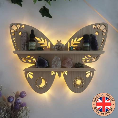 Coppermoon Light Butterfly Shelf, Butterfly Lamp, butterfly , wooden crystal shelf,  Butterfly Wall Art