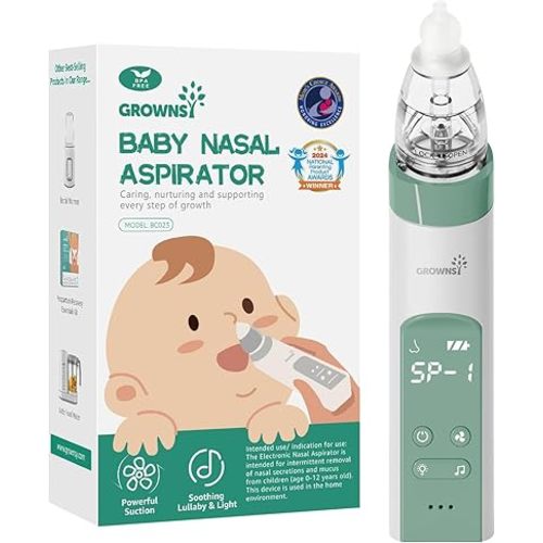GROWNSY Nasal Aspirator for Baby, Electric Nose Aspirator for Toddler, Baby Nose Sucker, Automatic Nose Cleaner with 3 Silicone Tips, Adjustable Suctions, Music and Light Soothing Function (Green)