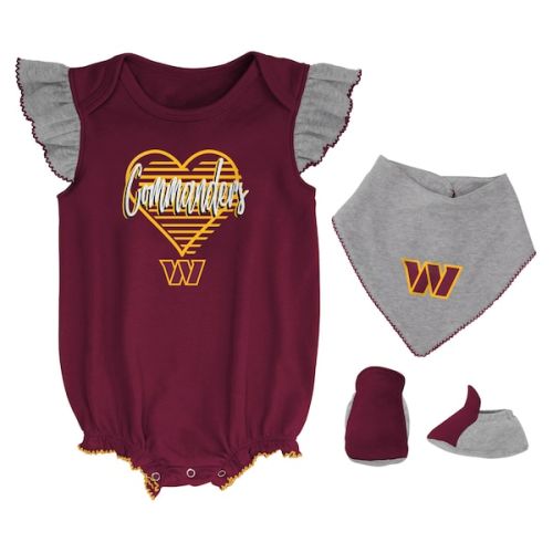 Girls Newborn & Infant Washington Commanders Burgundy/Heathered Gray All The Love Bodysuit, Bib & Booties Set