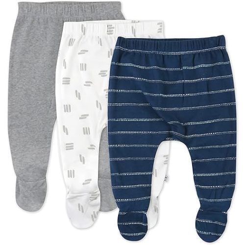 HonestBaby 3-Pack Footed Pants Roomy Fit Pull on Bottoms 100% Organic Cotton for Infant Baby Boys, Girls, Unisex