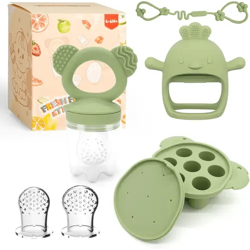 Baby Teething Relief Toys, Baby Fruit/Fresh Food Feeder with Breastmilk Popsicle Molds & Baby Teether Combo Food Grade Silicon for 6M+ Breastmilk Pops, Frozen Fruit(Green)