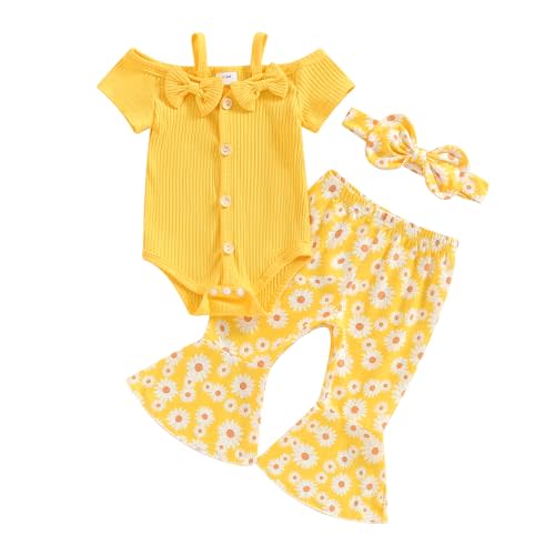 fhutpw Newborn Baby Girl Clothes Rib Frill Long Sleeve Romper Daisy Flared Pants Headband Set 3pcs Fall Winter Outfits