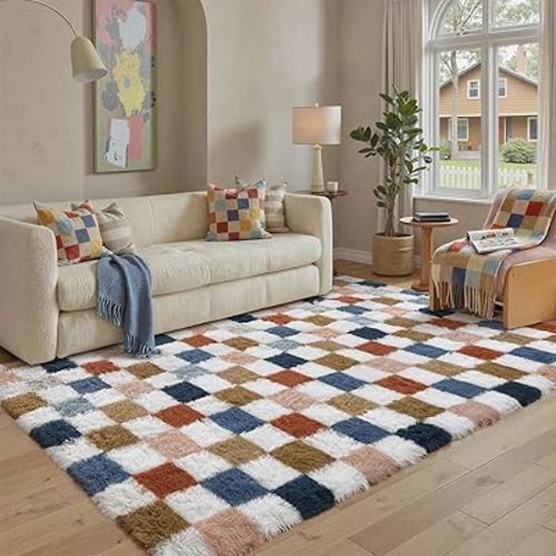 Checkered Rug 5x8 for Living Room, Modern Rainbow Shag Rug Super Soft Washable Indoor Fuzzy Carpet Non-Slip Fluffy Rugs for Bedroom Home Aesthetic Decor