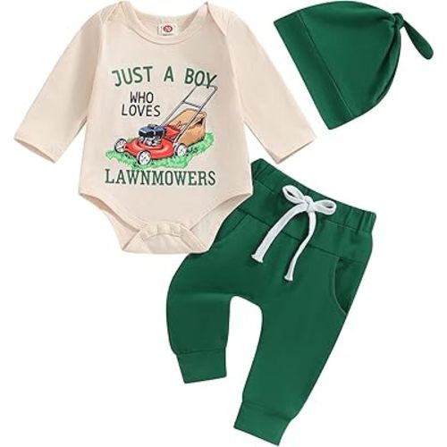 Infant Baby Boys Gardening Clothes Just A Boy Who Loves Lawn Mowers Bodysuit Pants Hat Hat 3pcs Outfit