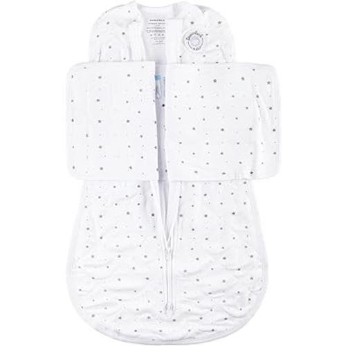 Dreamland Baby Viscose Swaddle Blanket (0-6 Months). 1.0 TOG Ultra Soft Swaddle Blanket w/Built in Band. 97% Viscose, 3% Spandex (White with Grey Stars). Mom-Owned US Business, Premium Materials