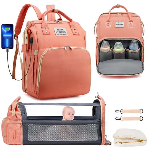 Diaper Bag Backpack, Multifunctional Baby Changing Bag with Foldable Crib & Insulated Milk Bottle Pocket, Large Capacity Travel Backpack with USB Charging Port & Stroller Strap (Pink)