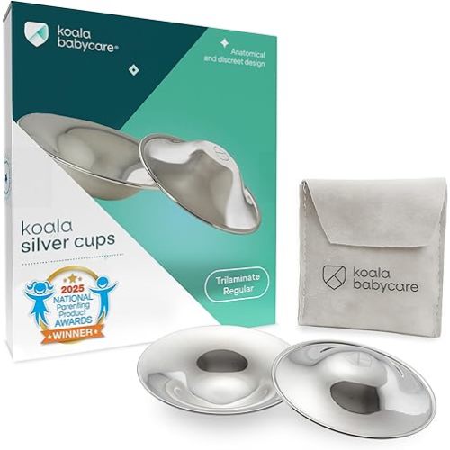 Koala Babycare The Original Silver Nursing Cups - Nipple Shields for Breastfeeding Newborn - Breastfeeding Essentials - Protect and Soothe - Tri-Laminate Silver - Standard Size