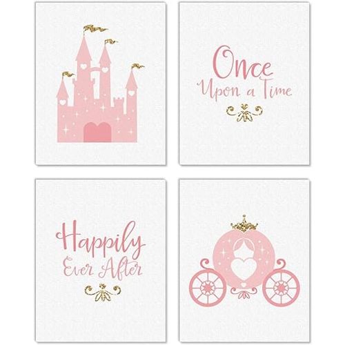 Big Dot of Happiness Little Princess Crown - Unframed Pink and Gold Castle Nursery and Kids Room Linen Paper Wall Art - Set of 4 - Artisms - 8 x 10 inches