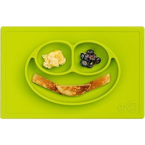 ezpz Happy Mat - 24 Months+ (Lime) - 100% Silicone Suction Plate with Built-in Placemat for Toddlers + Preschoolers - Divided Toddler Plates - Toddler Essentials…