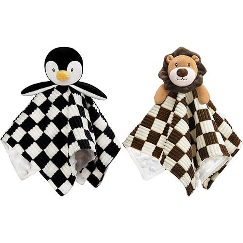 2 Pack Baby Lovey Blanket for Boys Girls Super Soft Checkerboard Gingham with Minky Dot Fabric Backing Penguin Stuffed Animal Lovely Snuggle Toy Black 14 Inch