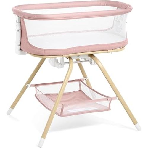 ANGELBLISS 3 in 1 Baby Bassinet, Rocking Bassinets Bedside Sleeper with Calming Motion, Portable Nest for Newborn Infant, Breathable Mesh (Pink)