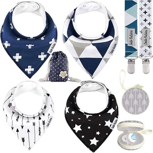 Dodo Babies Baby Bandana Drool Bib Set - 4pc Infant Bibs with 2 Pacifier Clips, Binky Case, Gift-Ready Bag - Soft Absorbent Cotton with Polyester Back - Adjustable Buttons to Fit 3-24 -Month Old Boys - Blue/White/Grey