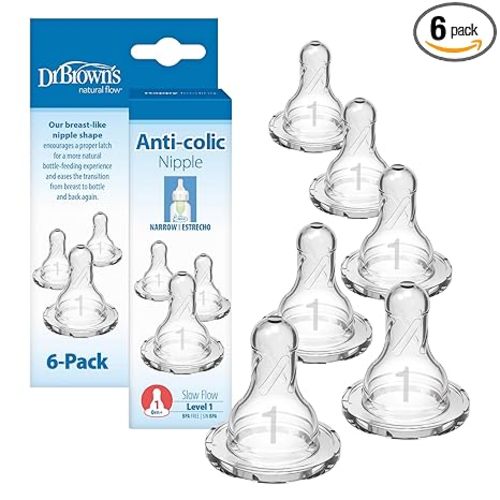 Dr. Brown's Natural Flow Level 1 Narrow Baby Bottle Silicone Nipple, Slow Flow, 0m+, 100% Silicone Bottle Nipple, 6 Count (Pack of 1)