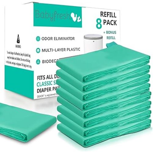 Refills Compatible with DEKOR Classic Diaper Pails 8 Pack Plus 1 More Exclusive 30% Extra Thickness Diaper Pail Refill Bags with Powerful Odor Elimination Fresh Powder Scent